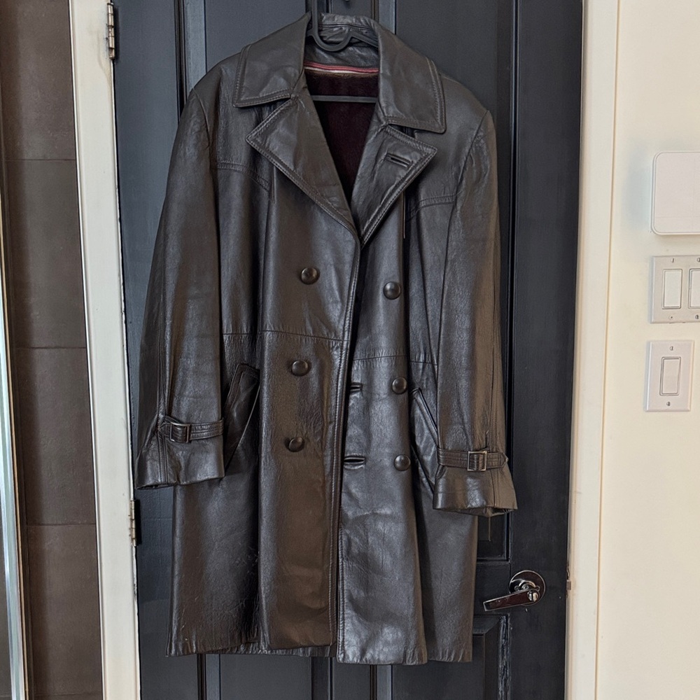 Vintage Dark brown Leather Double-Breasted Trench Coat
